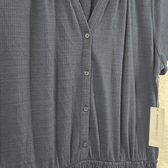 Liz Claiborne Navy Blue Smocked Waist Button Front Midi Sundress Casual XXL - Picture 6 of 11